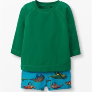 Hanna Andersson Green Rashguard Swim Set with Blue Swim Shorts